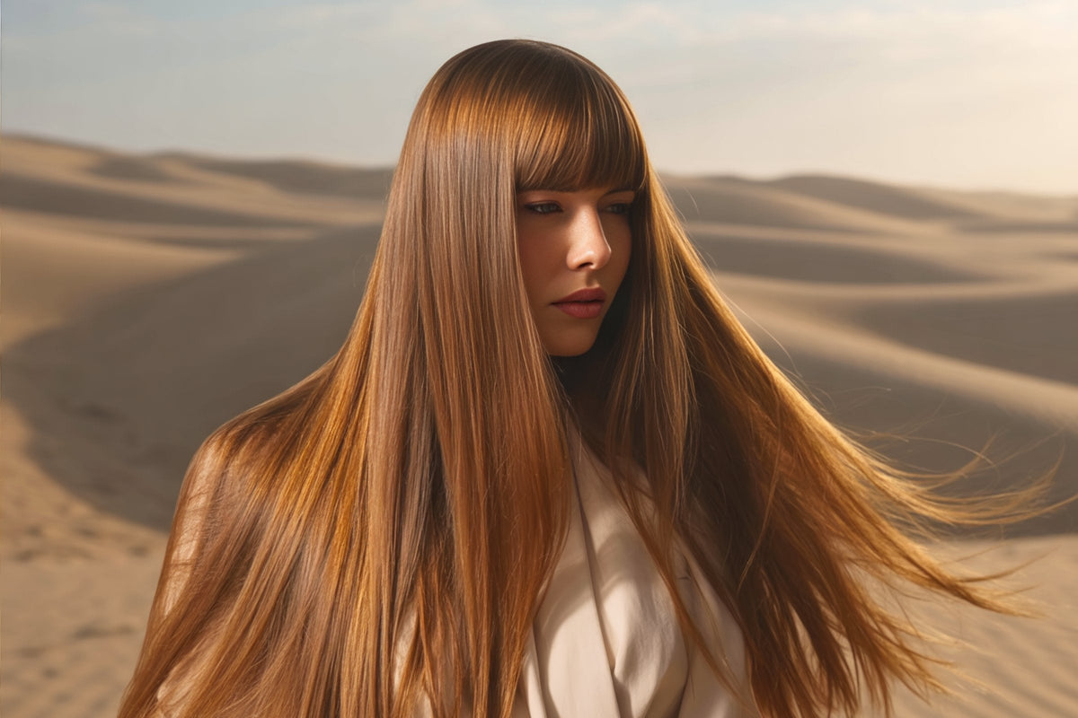 Woman with air straight protected healthy plush hair in desert.