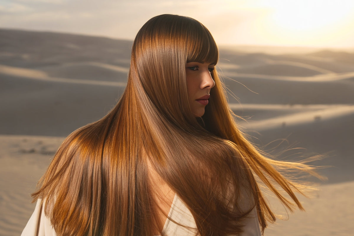 Woman with air straight protected healthy plush hair in desert.